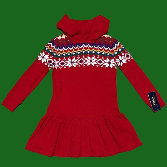 NEW-6X Girls Polo-Ralph Lauren Fair Isle Waffle-Knit Hooded Red Christmas Dress - Picture 3 of 9